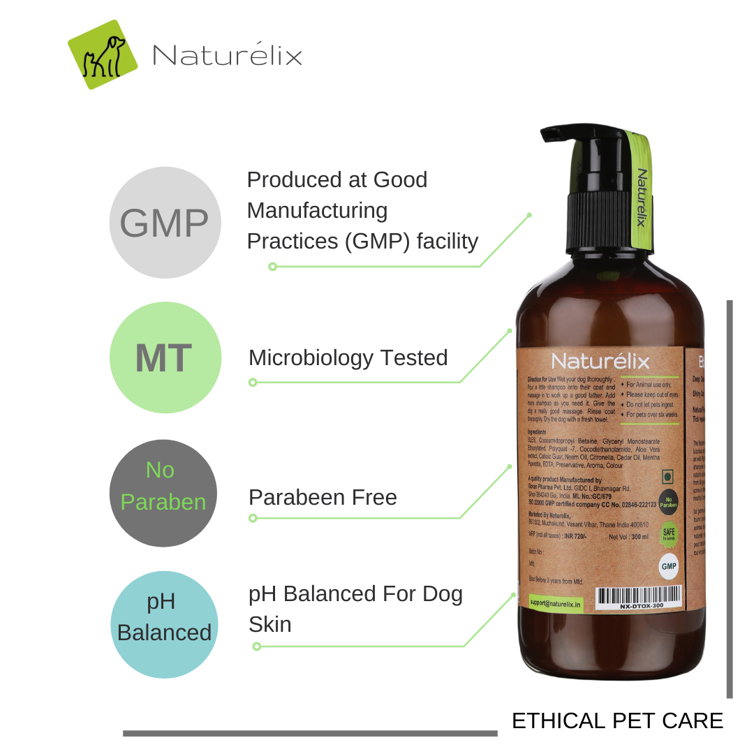 Dog Shampoo Bottle showing Paraben Free safe ingredients-Non Pestiside Dog Shampoo