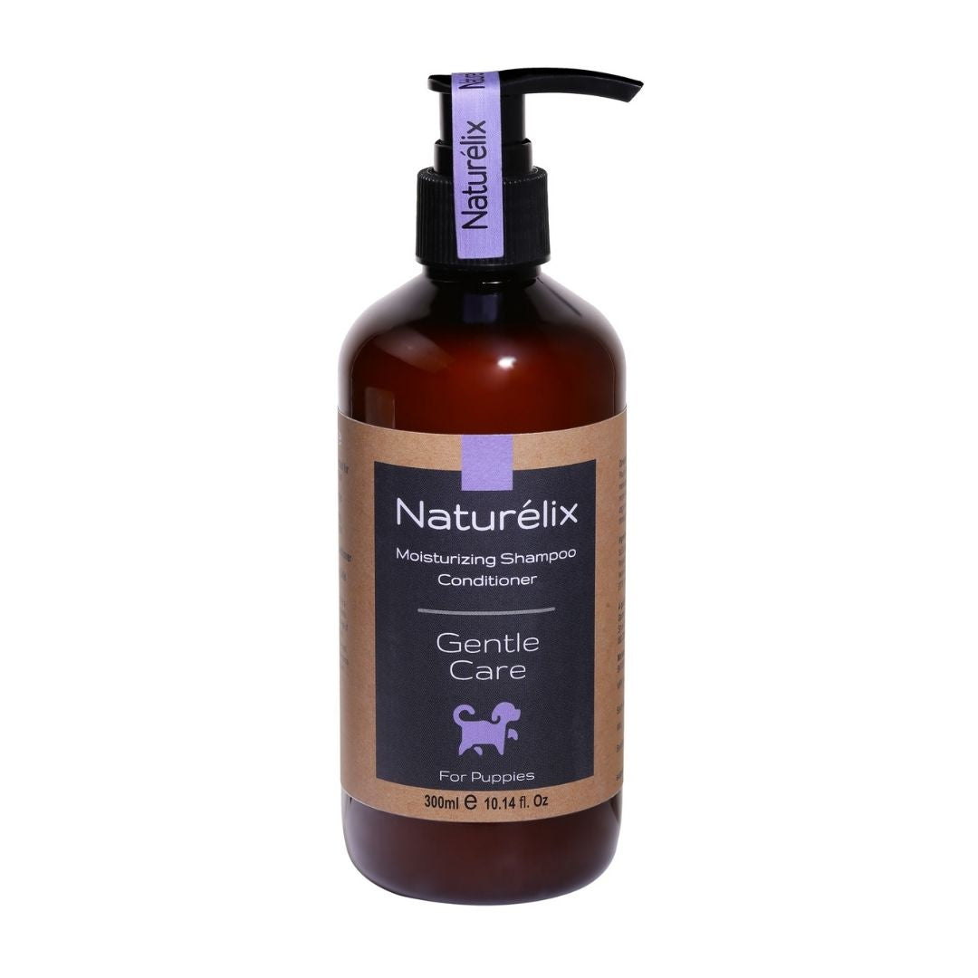 Bottle of natural dog shampoo with conditioner for puppy dogs