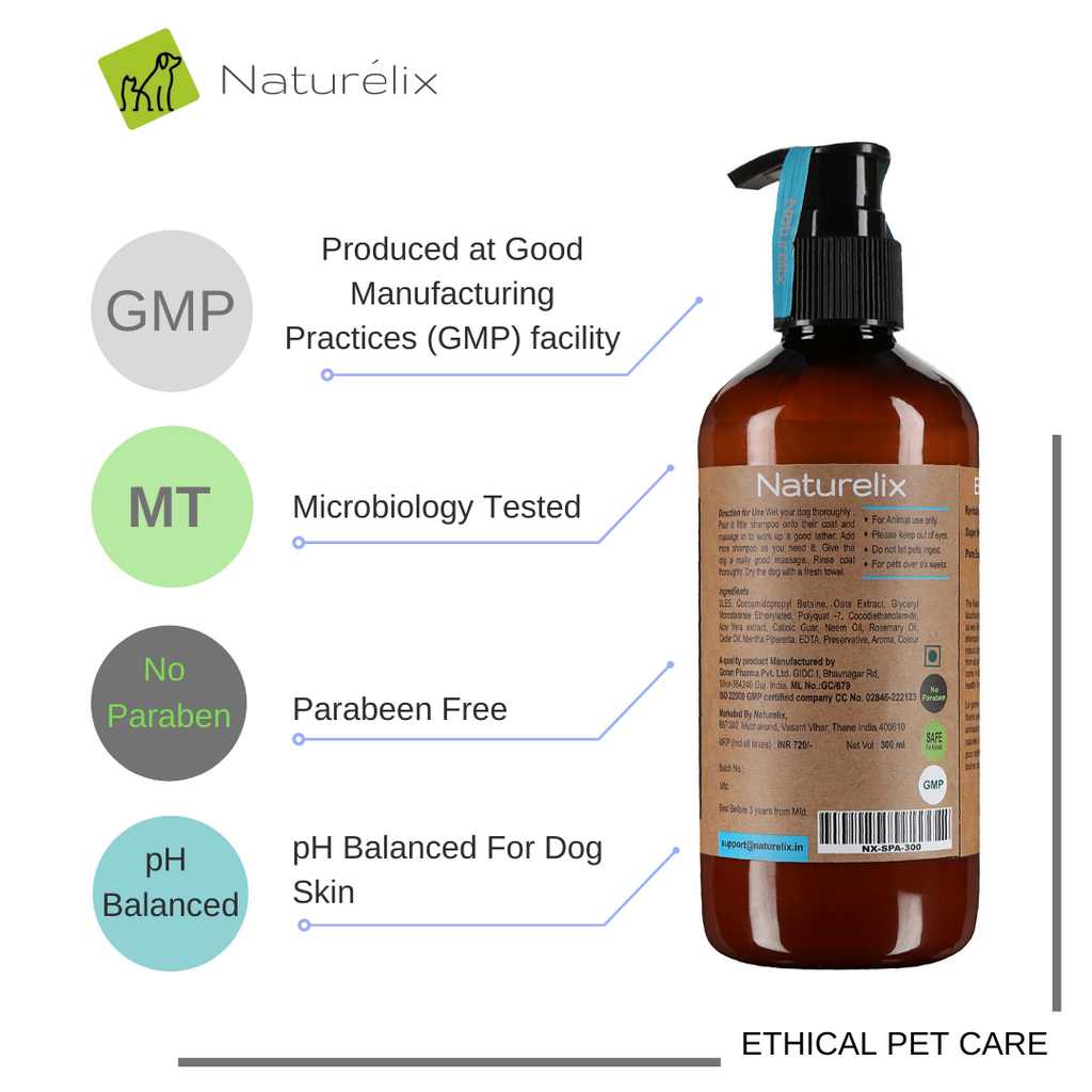 Dog Shampoo bottle showing paraben free ingredients-made at GMP plant in india